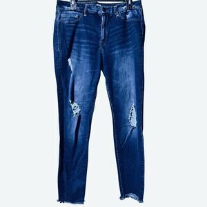 Refuge Dark Wash Ripped Distressed High Rise Skinny Ankle Jeans Sz 14 Frayed Hem
